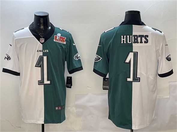 Mens Philadelphia Eagles #1 Jalen Hurts White & Green Split 2025 Super Bowl LIX Patch Vapor Untouchable Limited Stitched Jersey Dzhi